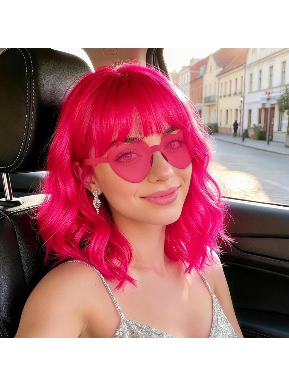 Women's Hot Pink Curly Bob Synthetic Wigs Bangs With Neon Heart Sunglasses
